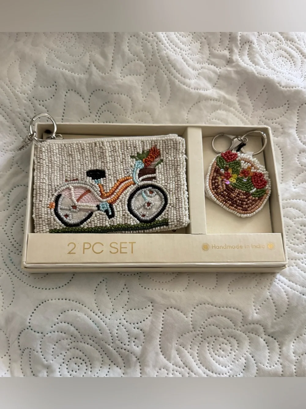 Beaded Bicycle Cosmetic Pouch & Keychain Set - White and Multicolor